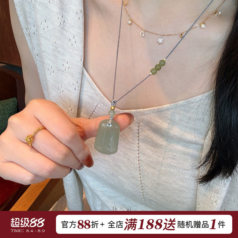 蜜蜂妈手作 天然东陵玉无事牌吊坠项链女复古新中式国风长款配饰