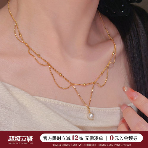 蕾丝珍珠双层流苏纯银项链女轻奢