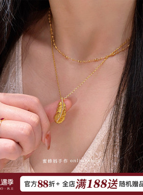 精致高级镶钻羽毛吊坠项链女