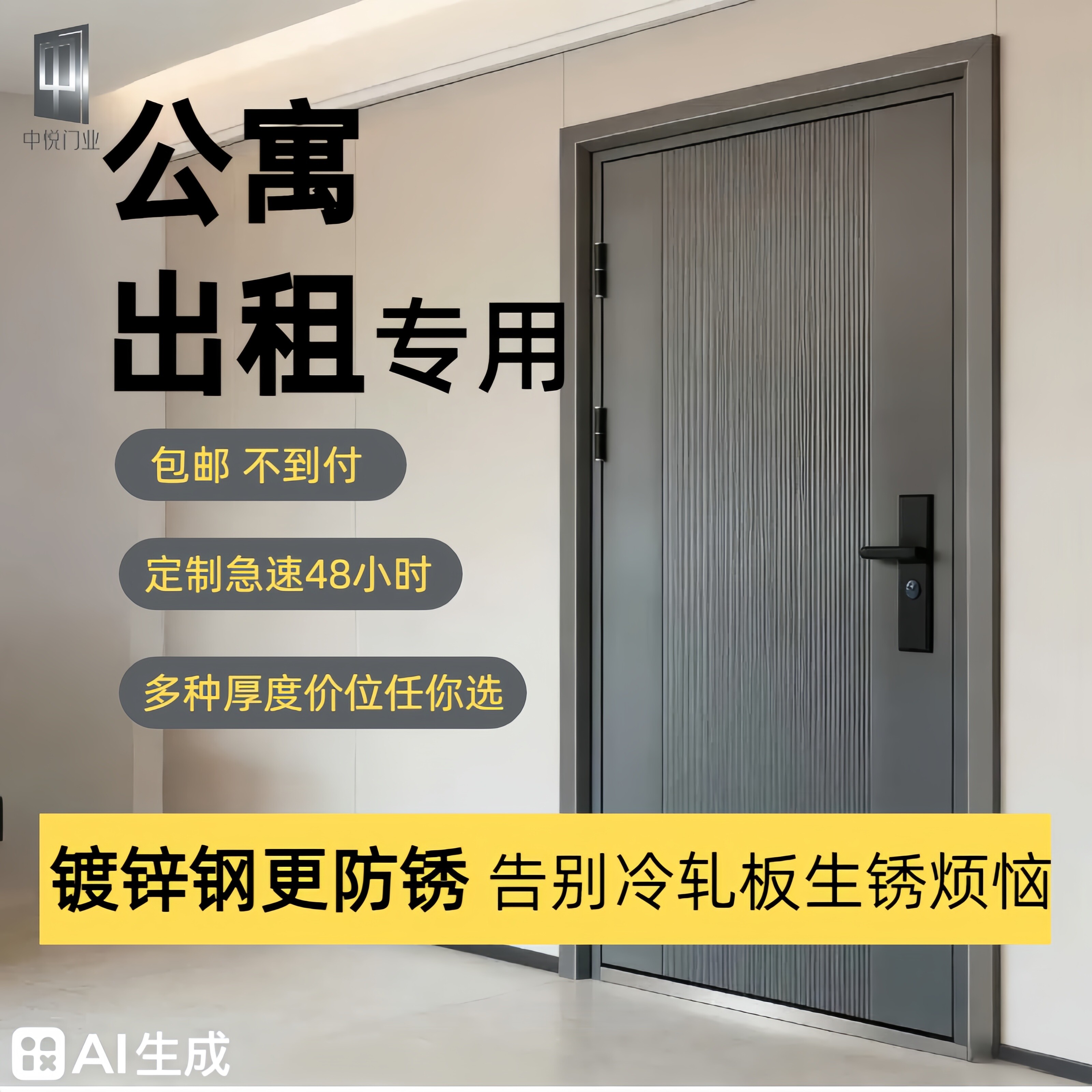 中悦门业7cm防盗入户门热镀锌钢防锈防雨公寓出租房包邮到家