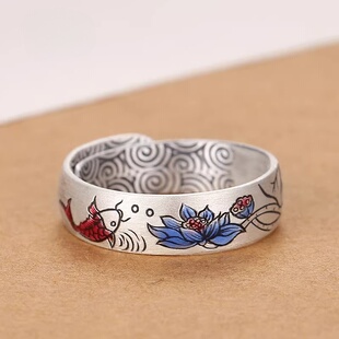 珐琅彩银戒指女9999纯银复古个性 简约开口可调节景泰蓝指环 时尚