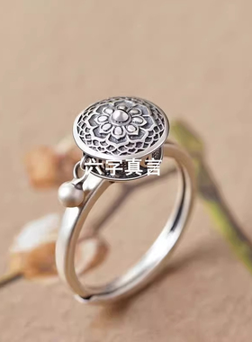 S925纯银招财转运轮戒指复古做旧