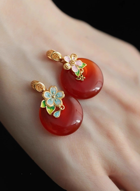 纯银五瓣花红色玛瑙项链女新中式平安扣吊坠小众设计精致圆片链