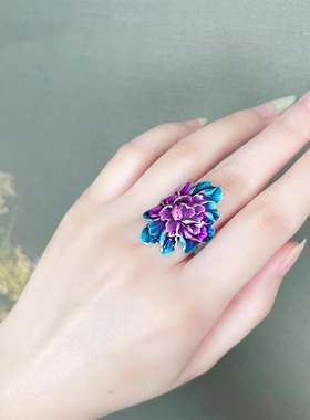 复古民族风珐琅烧蓝牡丹花戒指女