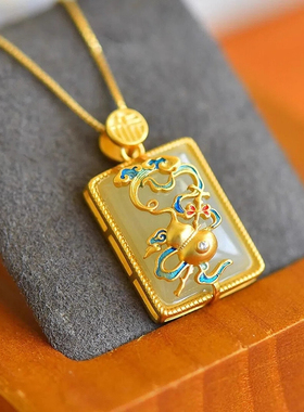 和田玉白玉鼓面方牌吊坠银镶玉石复古个性琳琅葫芦女项坠