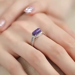 复古925银方形紫龙石马鞍戒女新中式国风回纹设计开口可调节戒指