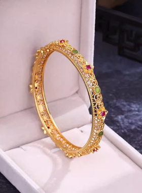 古法金工艺精雕镂空花丝仿碧玉手镯复古传统民族风镯子