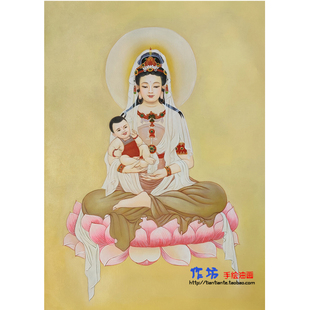 新款手绘油画人物观音送子客厅卧室佛堂玄关挂画庄严定制卷轴画像