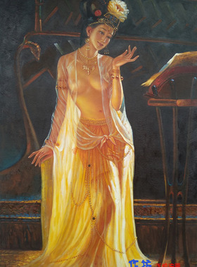 纯手绘油画大师涂志伟敦煌乐舞中式古典人物宫女案贵妃醉酒装饰画