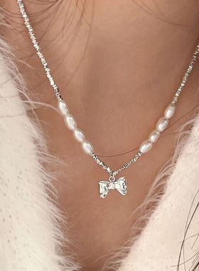 s925纯银天然珍珠蝴蝶结女项链