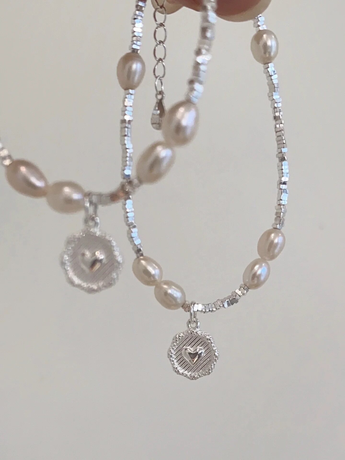 freesunday爱心圆牌碎银子珍珠项链纯银s925轻奢小众高级感锁骨链