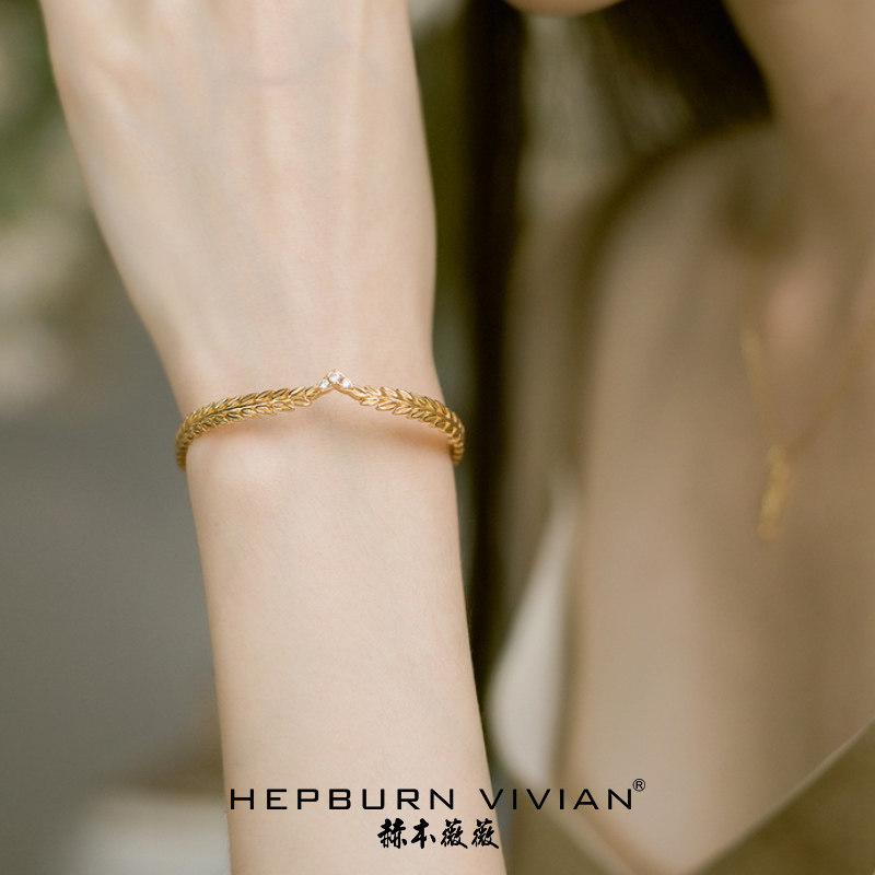 赫本s925纯银橄榄枝手镯开口手链镶5a白锆花卉镀9k金送女友送妈妈