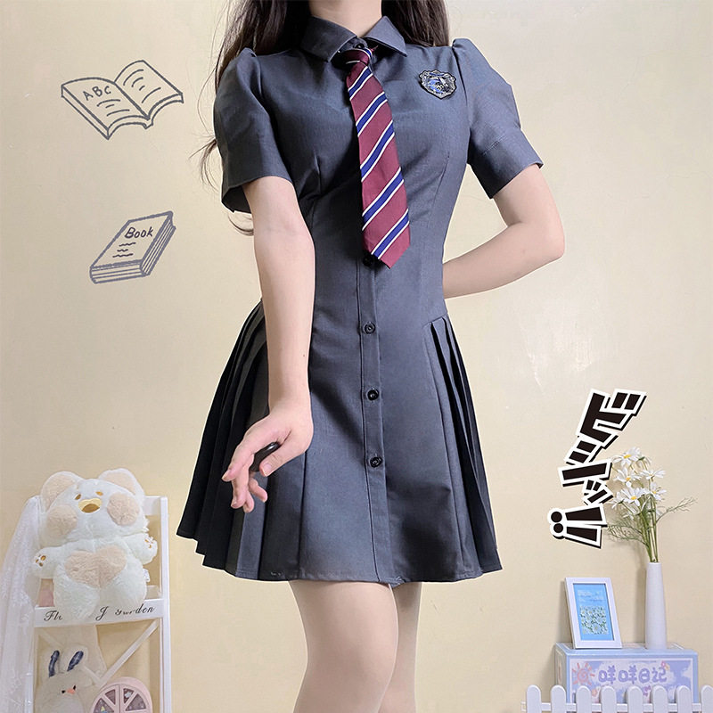 学院风甜酷辣妹设计感收腰百褶裙泡泡袖连衣裙JK制服假两件纯欲风