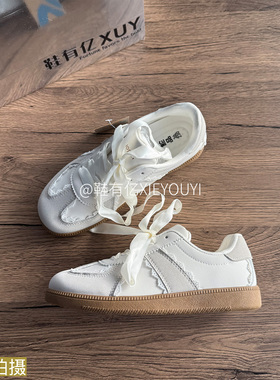 鞋有亿 2025秋冬新款米灰色鮀品芭蕾鞋子蕾丝小众鞋女百搭德训鞋