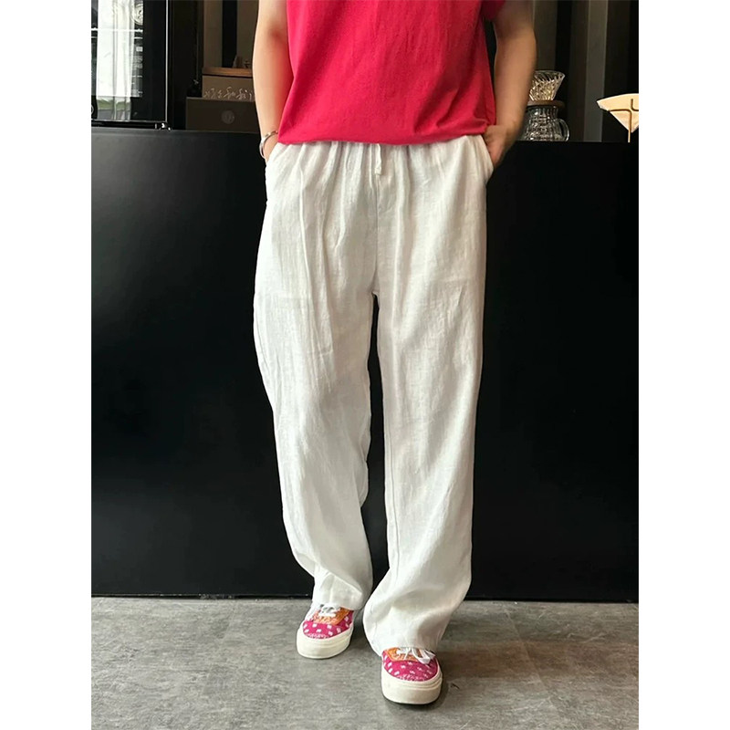 亚麻裤男款老钱风夏季棉麻松弛感大码休闲裤白色胖子麻料直筒裤子 - 实物图