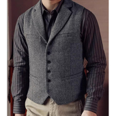 商务西装 马甲大码 修身 秋冬男士 翻领坎肩背心意式 羊毛呢人字纹马甲