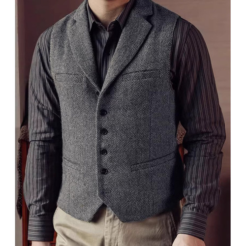 秋冬男士商务西装马甲大码修身翻领坎肩背心意式羊毛呢人字纹马甲