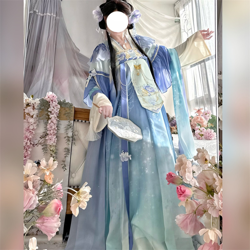 月薿霜【墨晨烟雨】原创汉服唐制改良汉元素日常清新蓝色绣花全套,女装/女士精品,汉服套装,淘宝优惠券,粉丝福利购,淘宝优惠卷