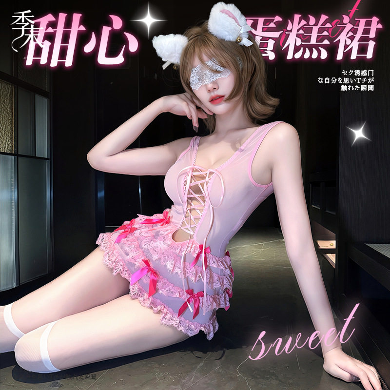 抹胸性感风甜美可爱蝴蝶结网纱蛋糕裙女透视绑带制服套装时尚百搭