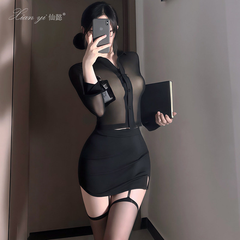 情调性感秘书制服套装女黑色OL包臀裙角色扮演透视紧身高级感睡衣