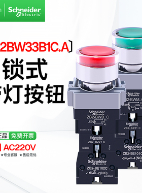 施耐德带灯按钮自锁式照明开关24V XB2BW33B1C.A 绿色LED AC220V