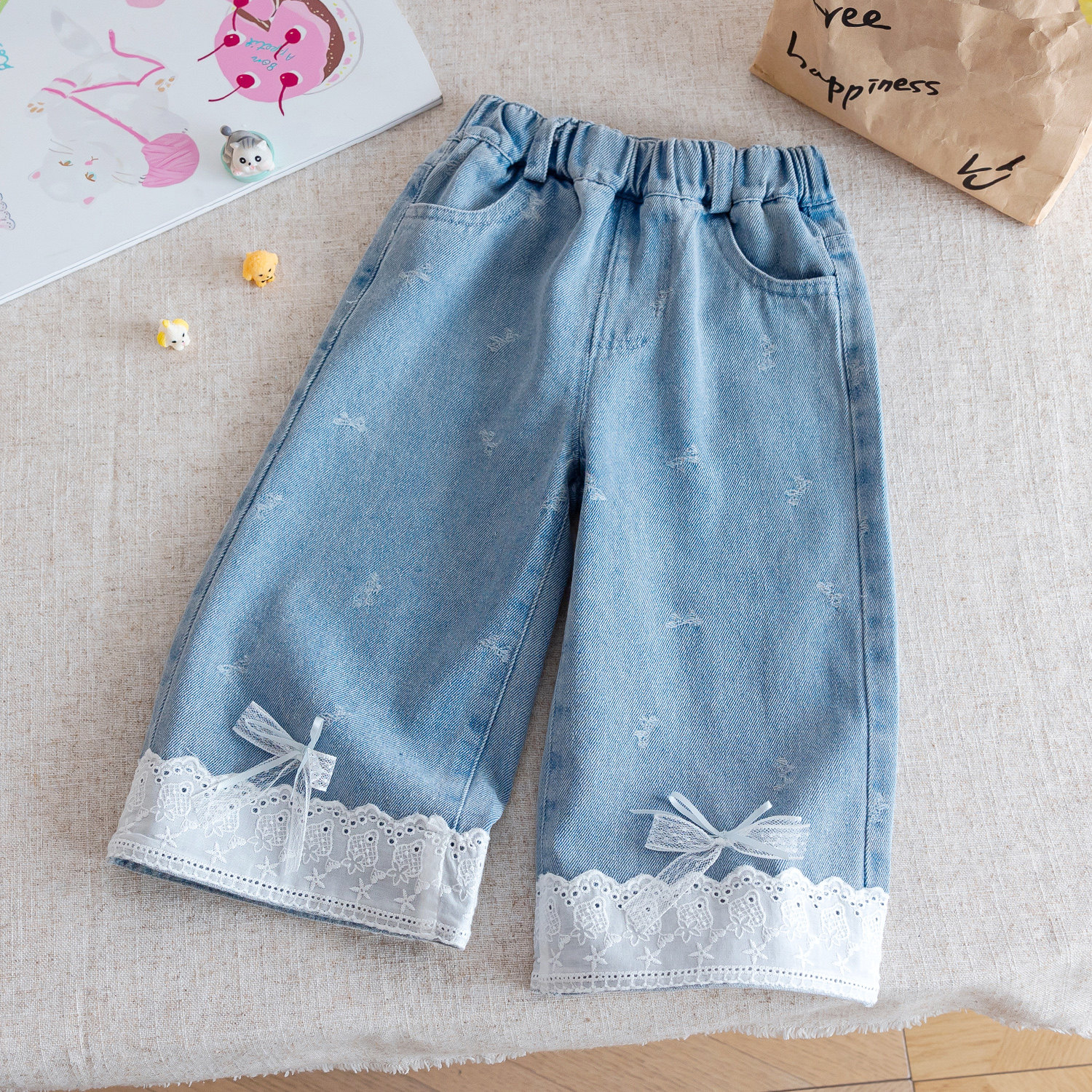 女童2026春装蕾丝花边牛仔裤春秋新款洋气阔腿裤女宝宝宽松长裤潮