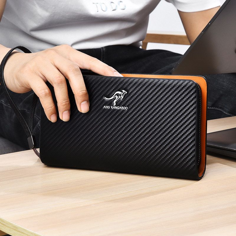 碳纤维纹钱包男士长款手包商务手拿手挽包双层拉链大容量竖款包邮