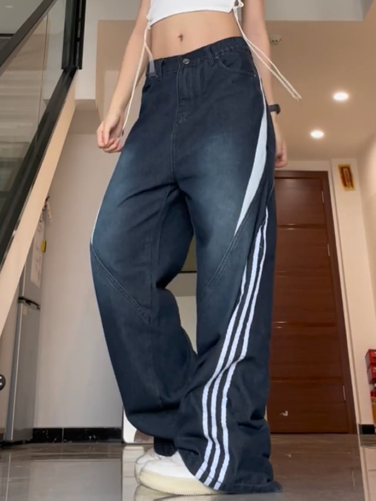 큰 사이즈 아메리칸 바이브 하이 스트리트 워시 스플 라이스 스트라이프 청바지 여성 디자인 루즈 스트레이트 스트레이트 드레이프 와이드 레그 팬츠