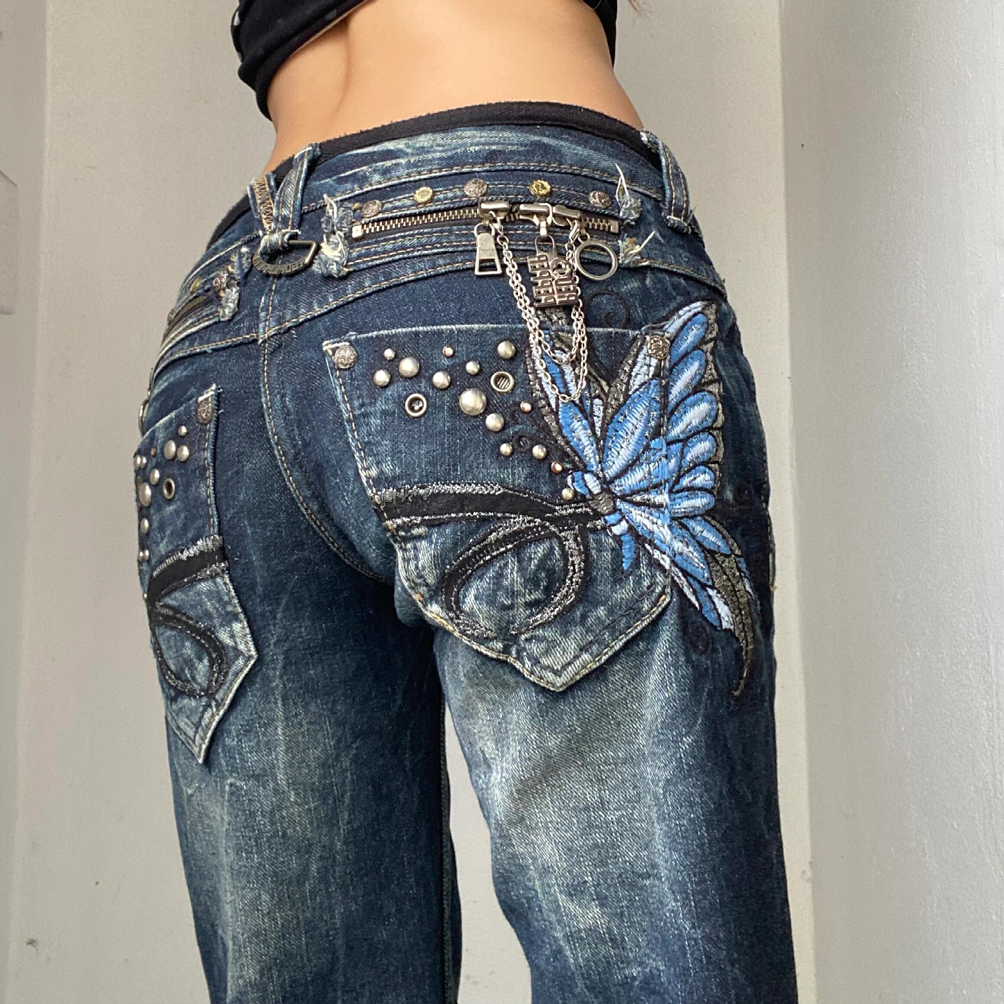 大码美式高街重工蝴蝶刺绣牛仔裤