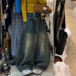 女辣妹废土风黄泥脏染弯刀长裤 复古做旧双腰头牛仔裤 vibe大码 美式