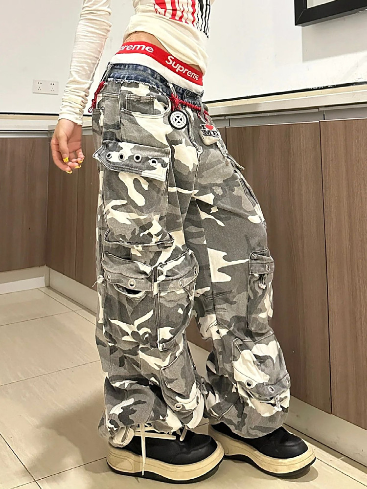 가을 루즈한 와이드 팬츠 남녀공용 대형 아메리칸 바이브 스트리트 카무플라주 데님 스플라이스 웨이스트 멀티 포켓 오버롤