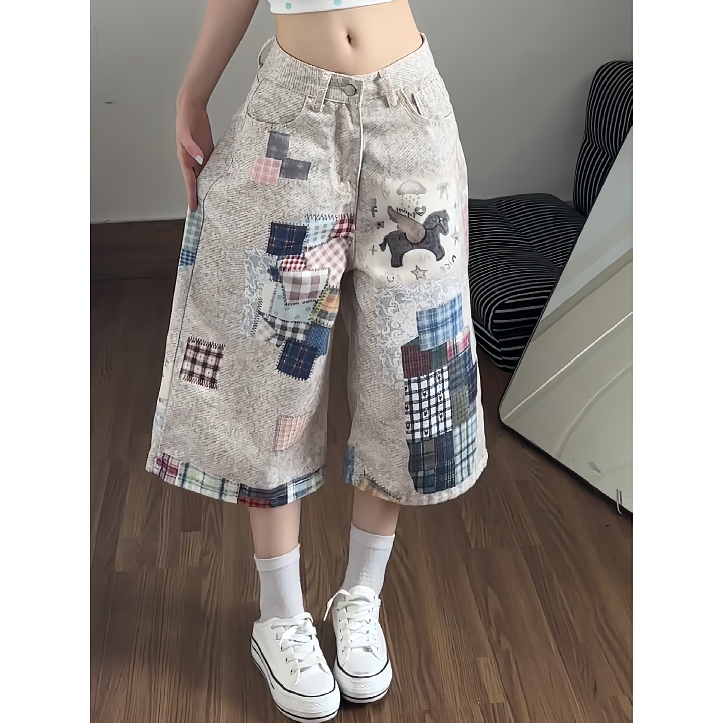 大码美式复古趣味拼图印花牛仔七分裤男女夏季宽松阔腿直筒中裤子