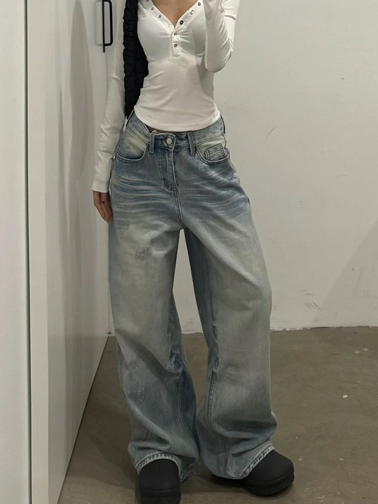 大码美式复古破洞牛仔裤宽松显瘦