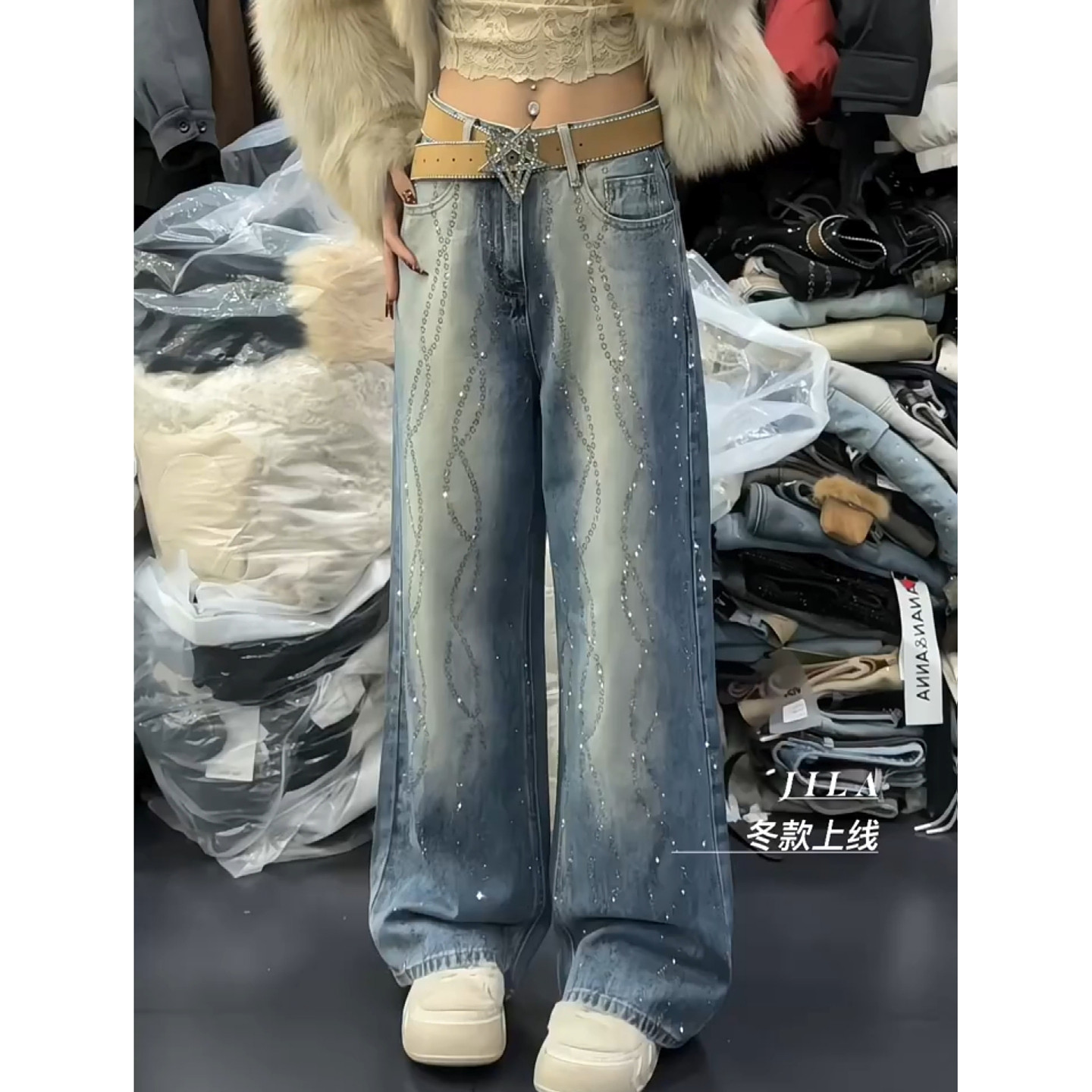 大码美式复古重工设计感烫钻牛仔裤女秋冬新款辣妹宽松直筒阔腿裤,女装/女士精品,大码裤装,淘宝优惠券,粉丝福利购,淘宝优惠卷