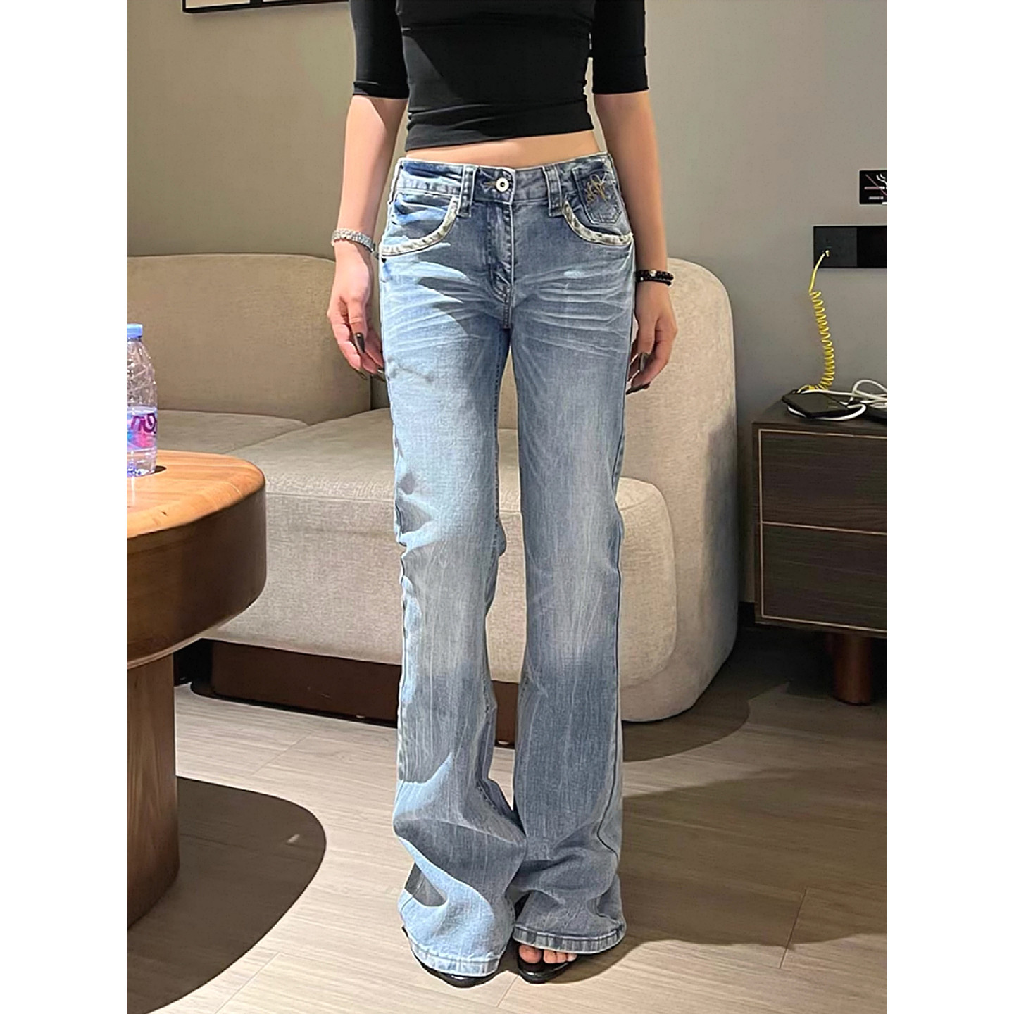 大码美式复古豹纹拼接水洗牛仔裤女设计感百搭直筒修身显瘦长裤子,女装/女士精品,大码裤装,淘宝优惠券,粉丝福利购,淘宝优惠卷