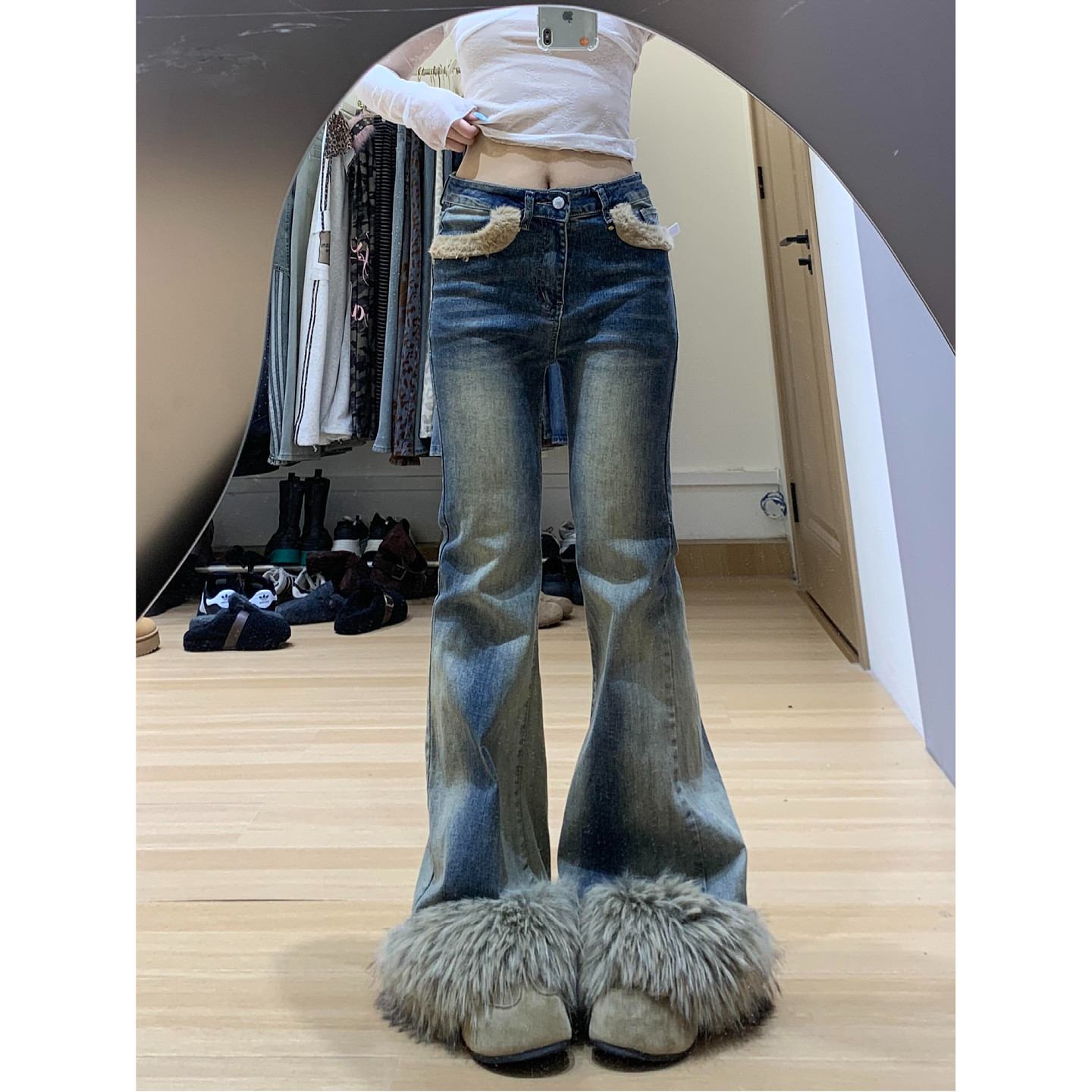 大码美式辣妹设计感毛毛拼接牛仔裤女y2k千禧辣妹修身百搭微喇裤,女装/女士精品,大码裤装,淘宝优惠券,粉丝福利购,淘宝优惠卷