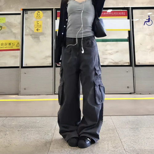 大码美式复古工装阔腿牛仔裤女