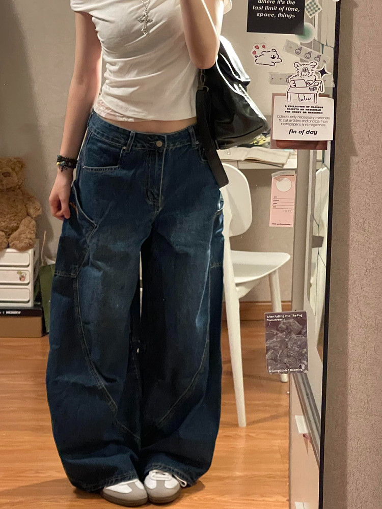 남성과 여성을 위한 대형 미국 복고풍 입체 실루엣 초승달 모양의 청바지 틈새 디자인 루즈한 와이드 레그 바닥 길이 바지 트렌디