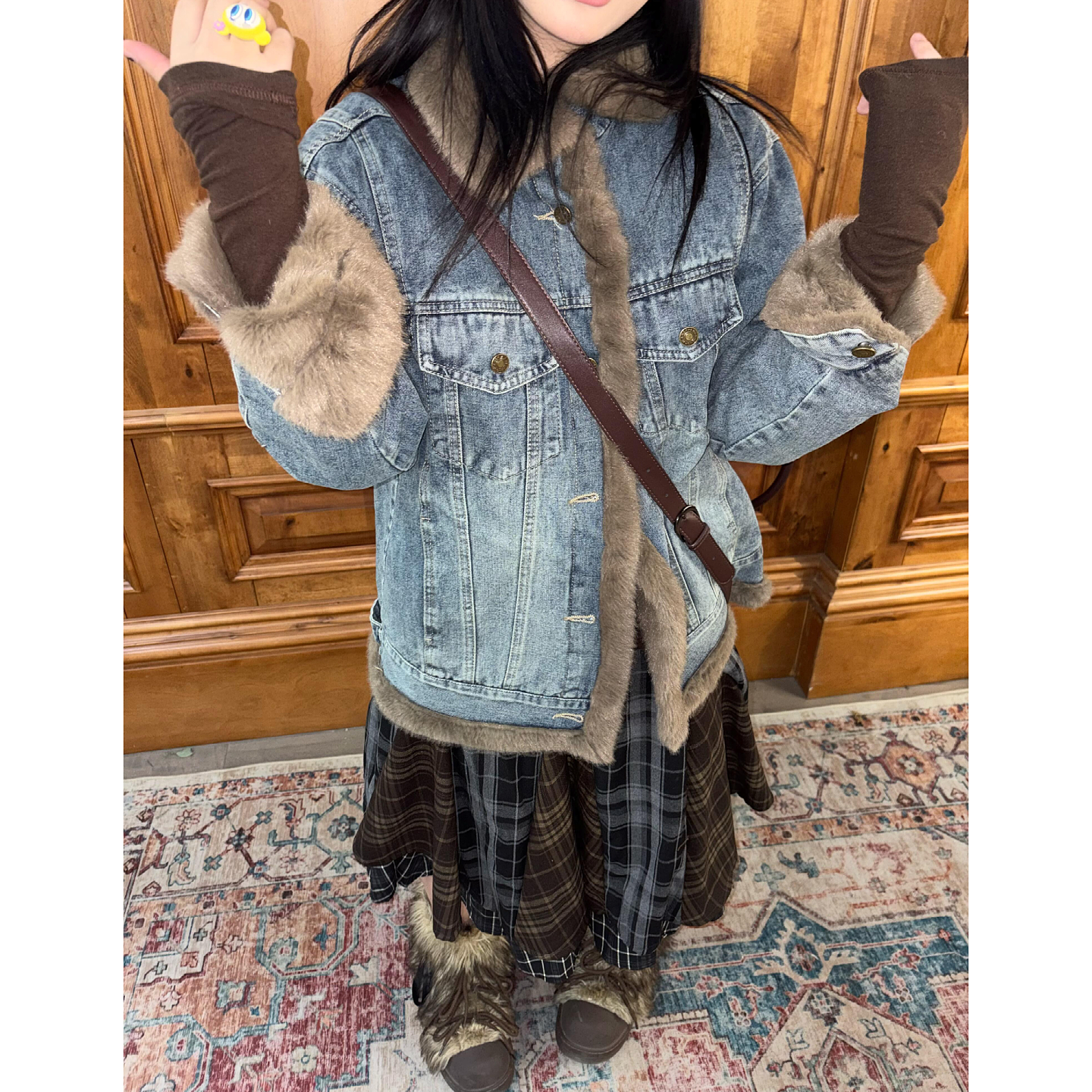 大码美式复古牛仔风羊羔毛外套