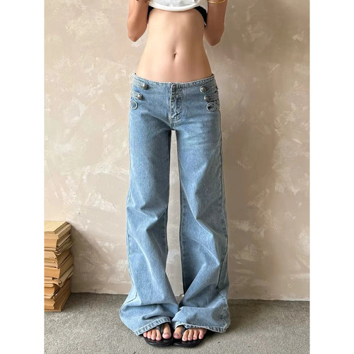 大码美式复古水洗微喇牛仔裤女