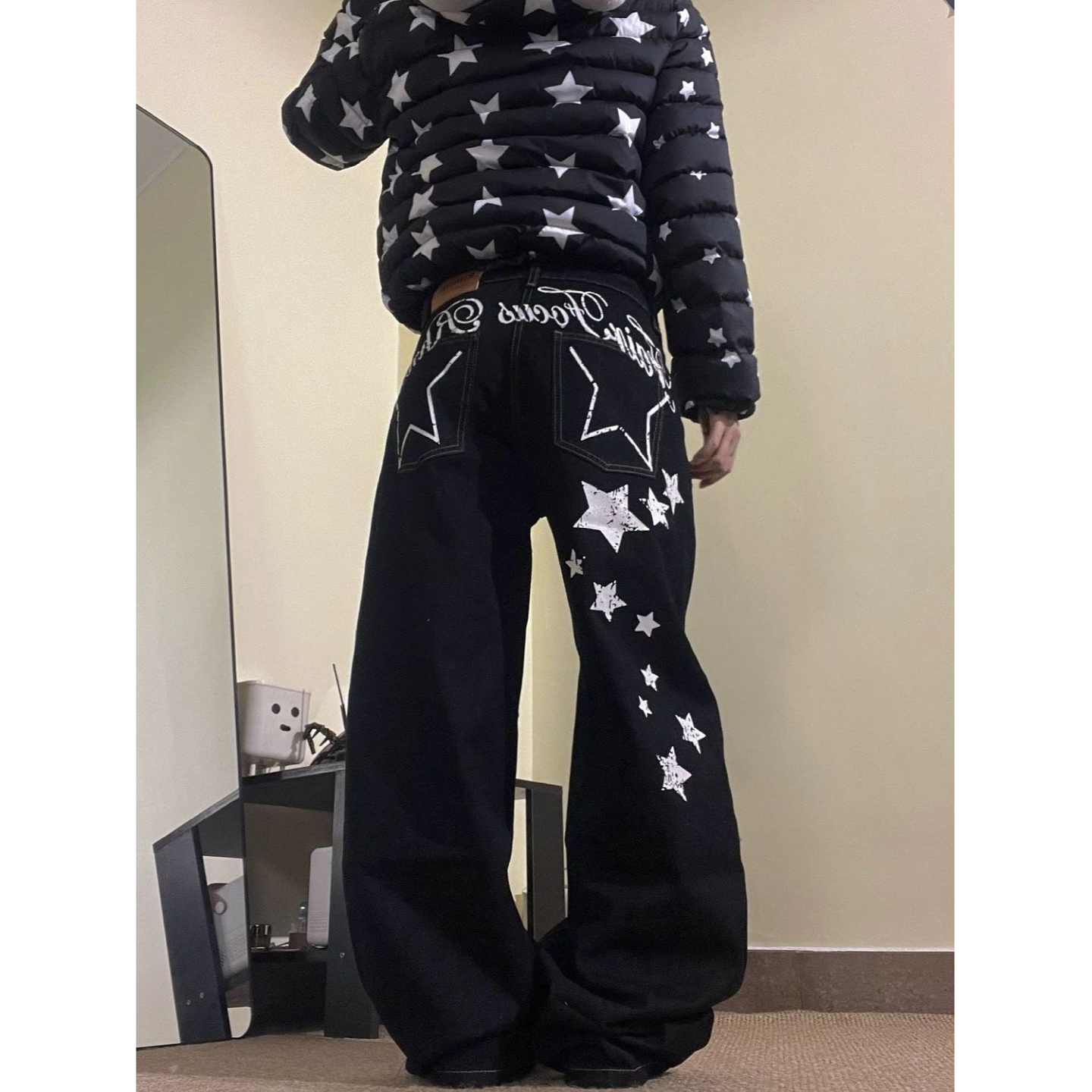 大码美式复古水洗弯刀牛仔裤