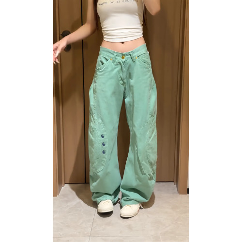 大码复古太极刺绣拼接牛仔裤女