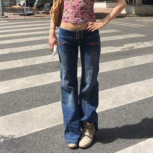 大码美式复古水洗分割排扣牛仔裤女街头辣妹低腰修身显瘦微喇长裤