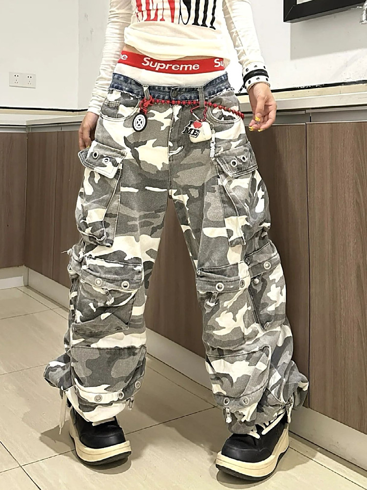 가을 루즈한 와이드 팬츠 남녀공용 대형 아메리칸 바이브 스트리트 카무플라주 데님 스플라이스 웨이스트 멀티 포켓 오버롤