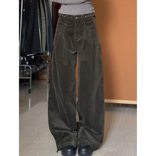 女街头小众宽松阔腿垂感长裤 大码 裤 复古腰围可调节灯芯绒工装 美式