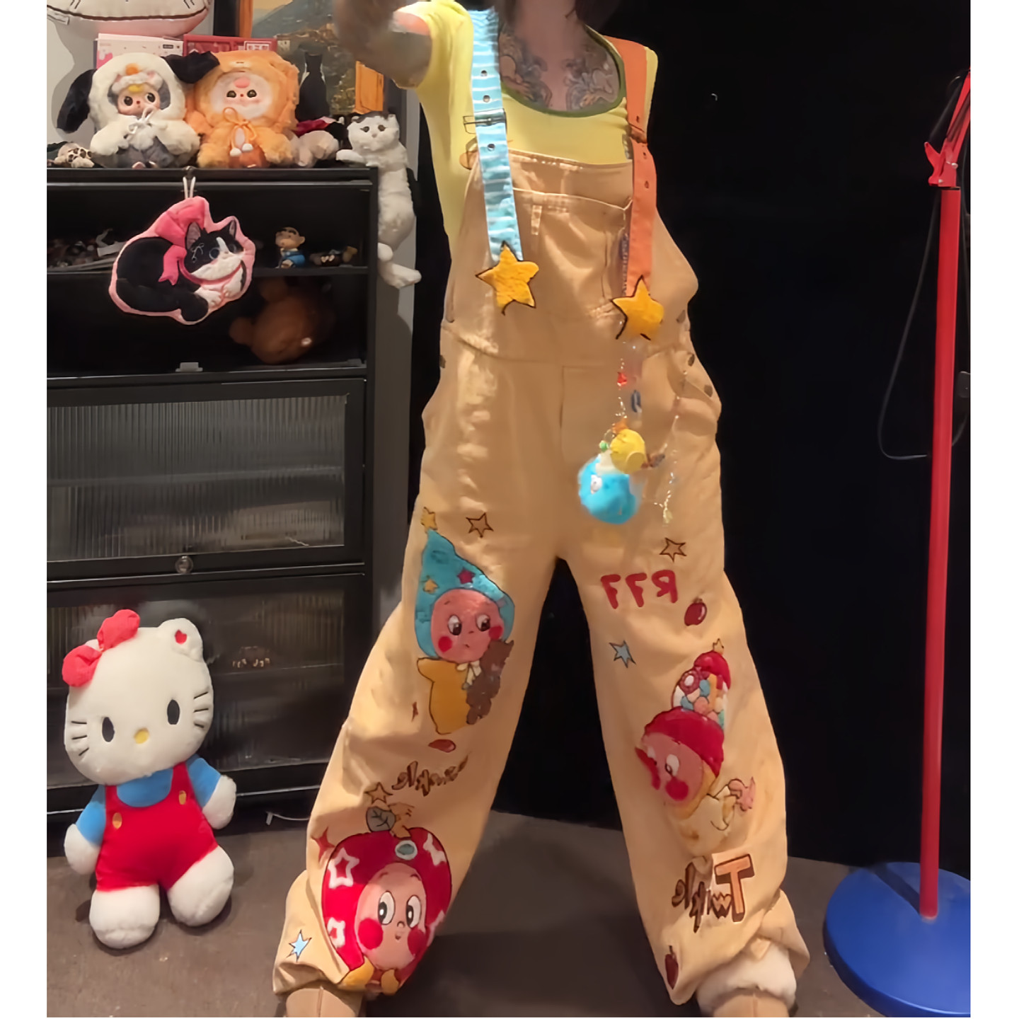 大码美式复古卡通刺绣牛仔背带裤女夏季新款多巴胺设计感宽松长裤