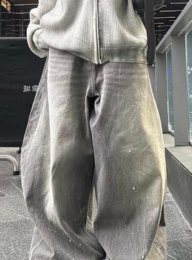 大码美式复古泼墨水洗阔腿牛仔裤男女2025街头vibe风宽松弯刀长裤