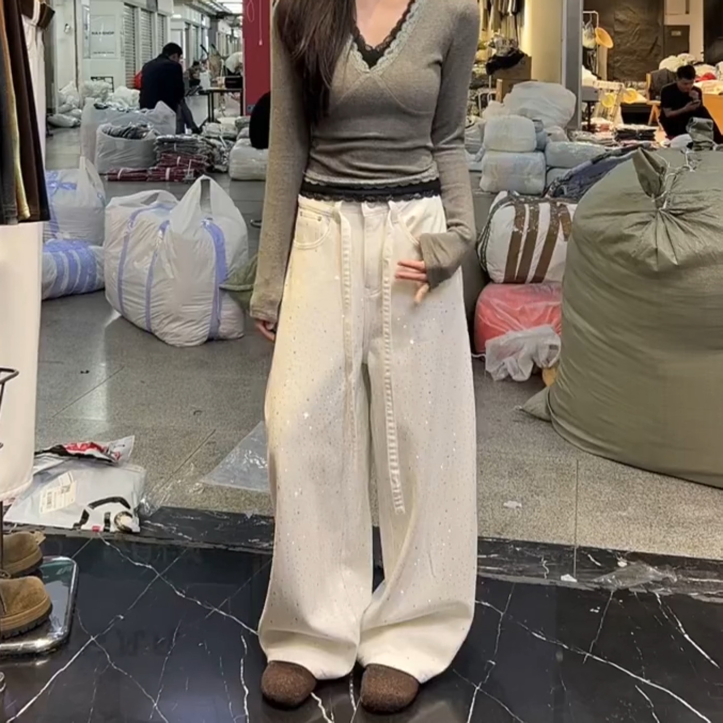 美式vibe复古水洗满天星烫钻阔腿裤女2026新款高街宽松显瘦垂感裤,女装/女士精品,大码裤装,淘宝优惠券,粉丝福利购,淘宝优惠卷