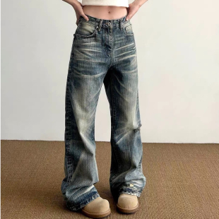 男女高街宽松百搭直筒长裤 复古水洗做旧竹节纹破洞牛仔裤 美式 大码
