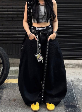 大码美式复古黑色阔腿弯刀牛仔裤男女街头做旧水洗宽松垂感拖地裤